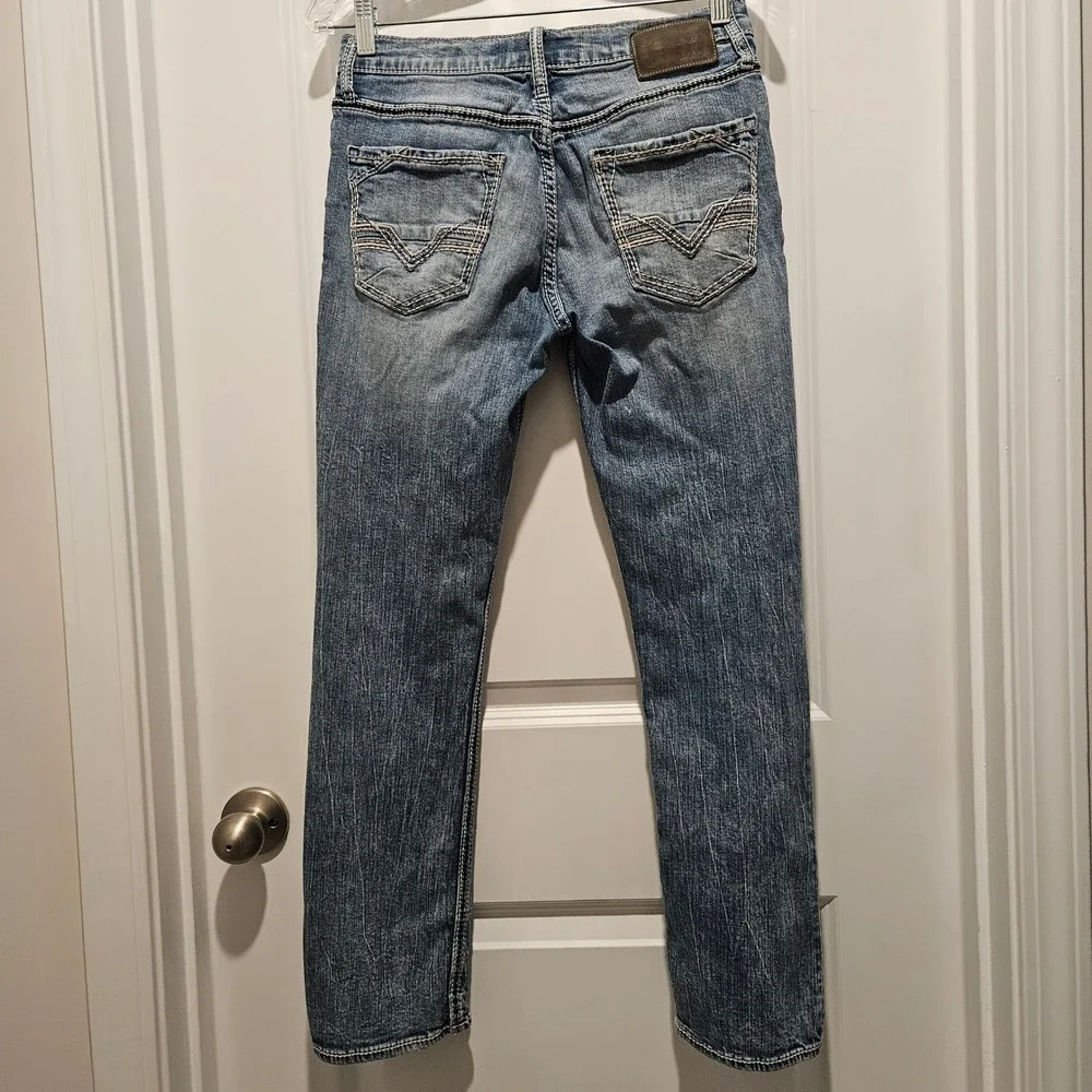BKE Jeans Men 28S Blue Jake Straight Leg Stretch Medium Wash Whiskered Denim